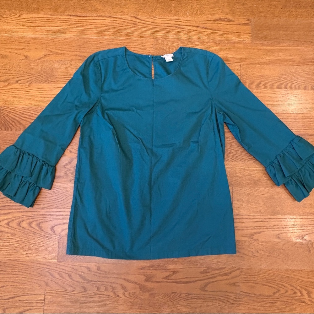 J. Crew Teal Ruffle Sleeve Blouse